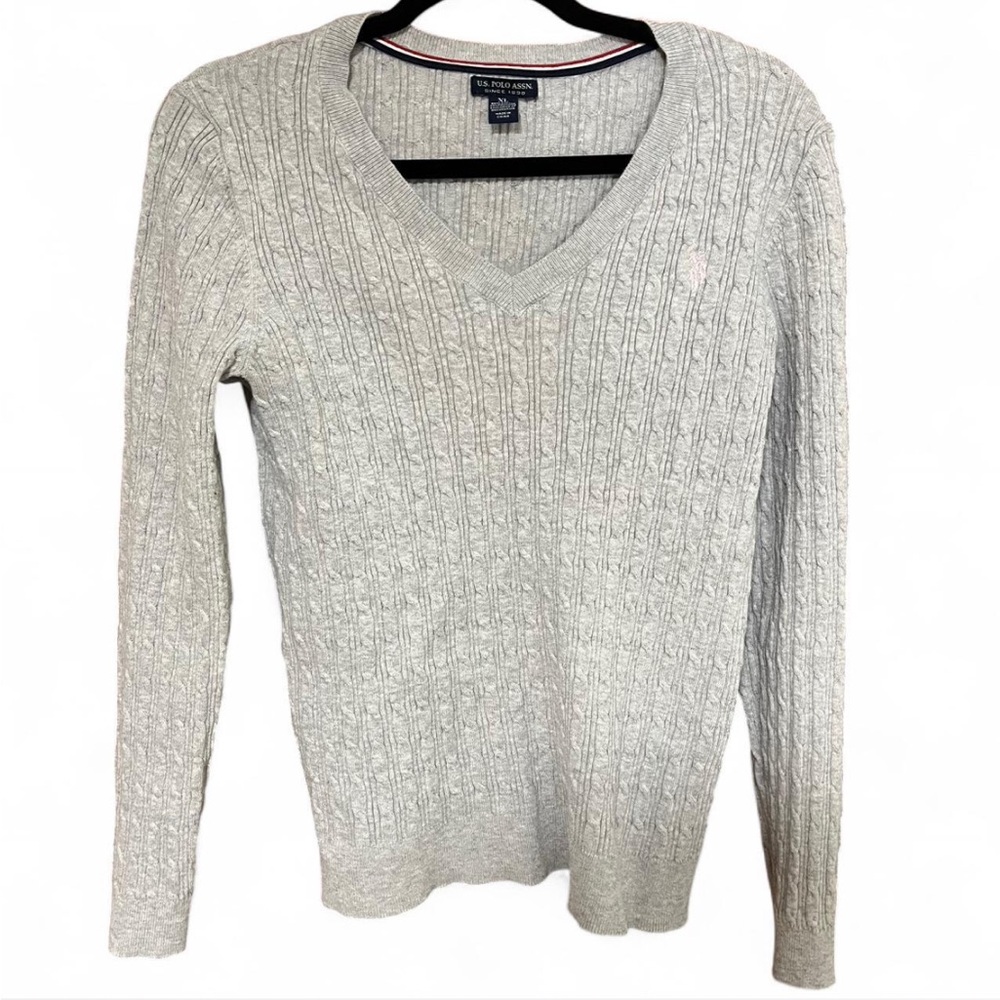 Ralph Lauren U.S. Polo Assn. Light Gray V-Neck Sweater with Pink Logo